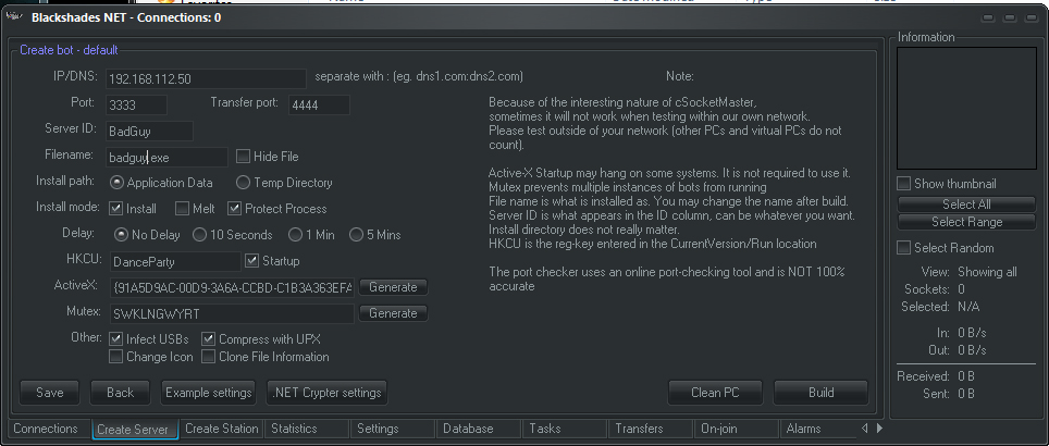 Server creation window